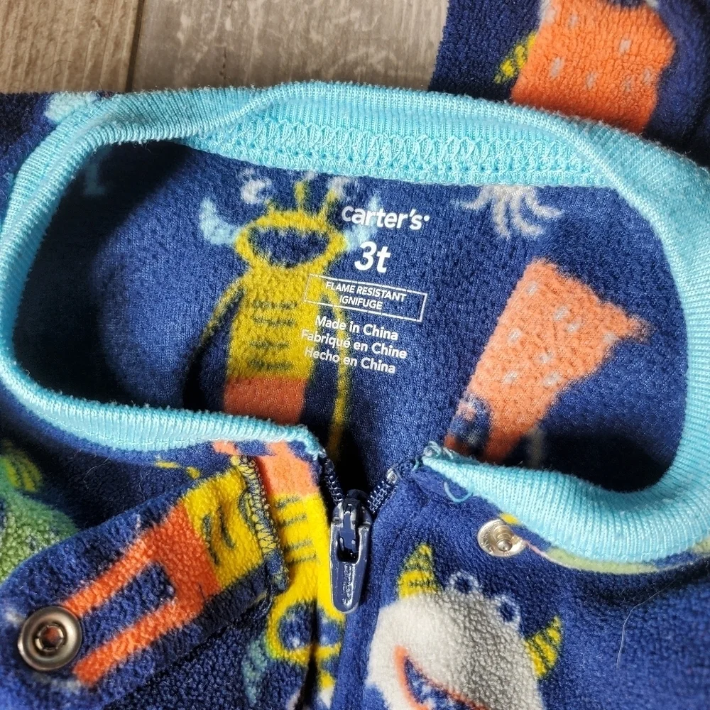 Carter's Blue Orange Green Monster Size 3T Fleece Footed Pajamas PJs EUC